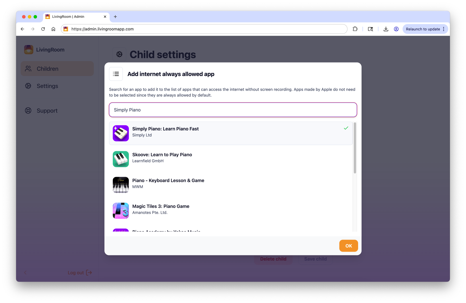 Enter the app name and tap the app to 'save'