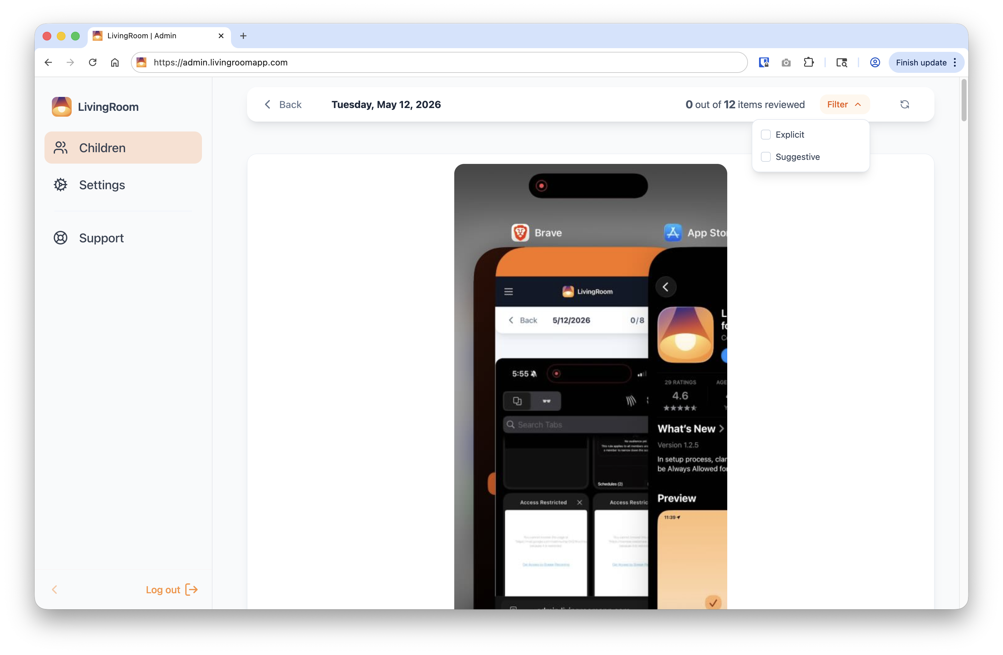 Screenshot feed with filters enabled